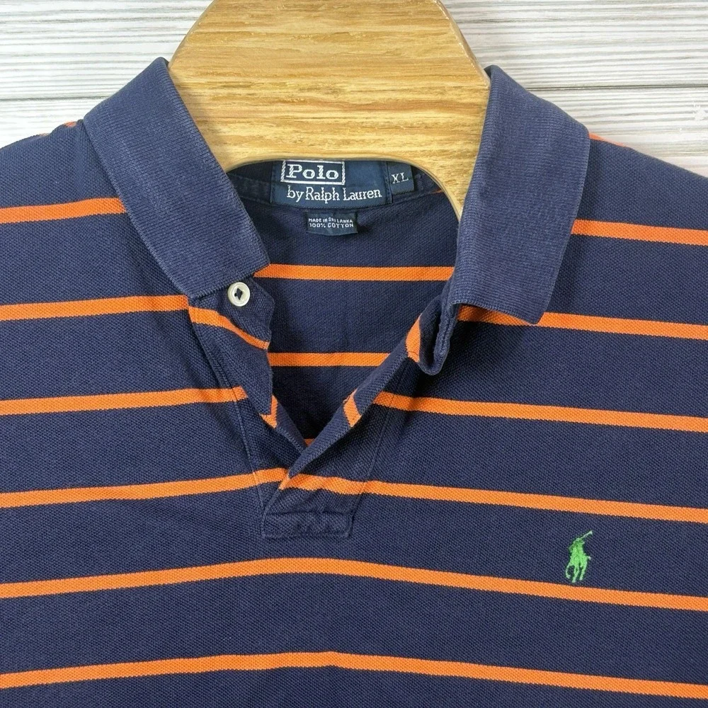 POLO RALPH LAUREN Men's Navy/Orange Stripe Golf Logo Polo Shirt Size XL‎